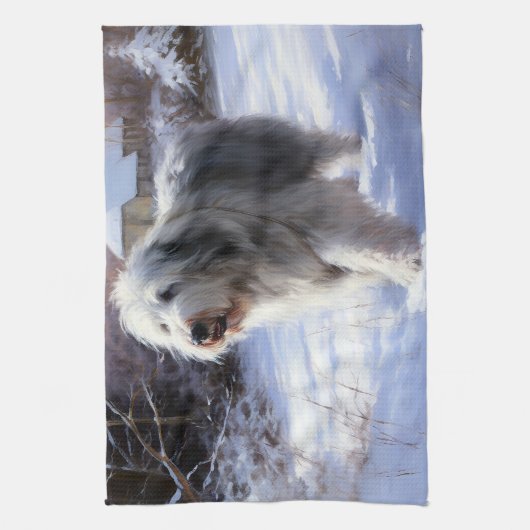 Oud Engels Sheepdog Laat het sneeuwen Kerstmis Theedoek (Verticaal)