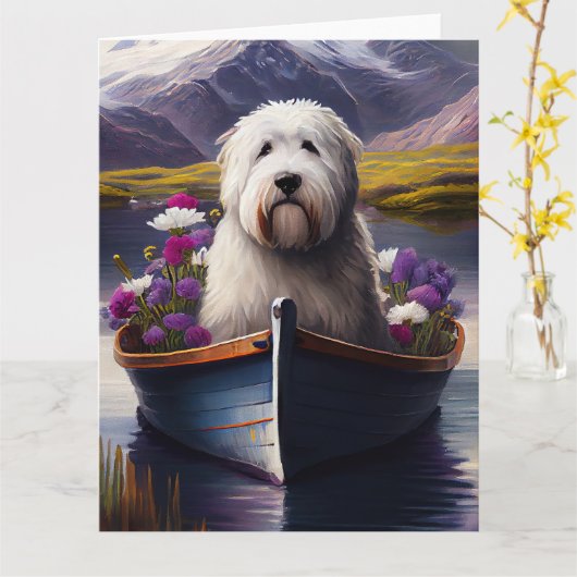Oud Engels Sheepdog op Paddle: een Schilderachtig Kaart (Gele Bloem)