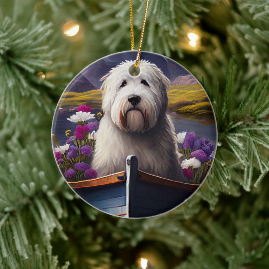 Oud Engels Sheepdog op Paddle: een Schilderachtig Keramisch Ornament (Boom)