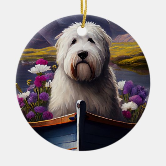 Oud Engels Sheepdog op Paddle: een Schilderachtig  Keramisch Ornament (Voorkant)