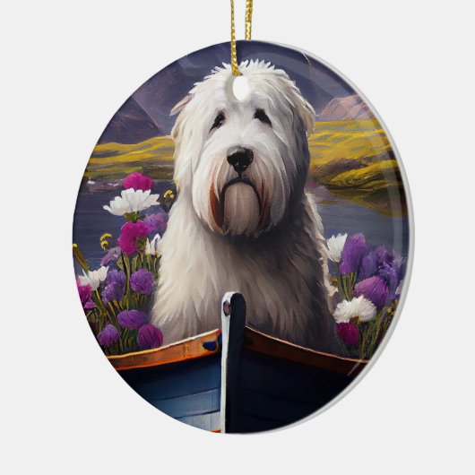 Oud Engels Sheepdog op Paddle: een Schilderachtig  Keramisch Ornament (Links)