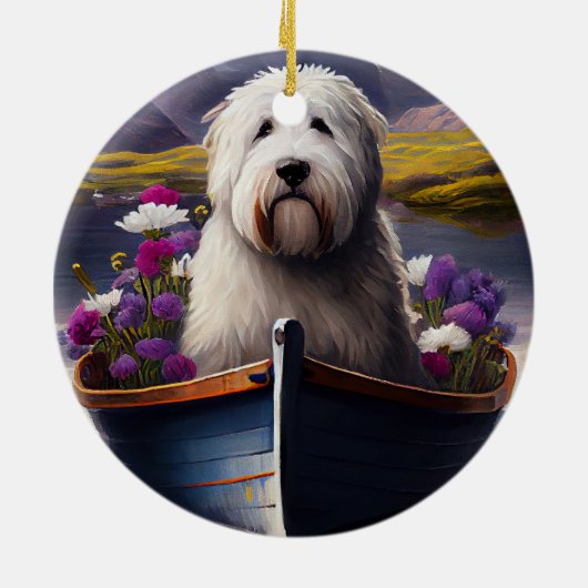 Oud Engels Sheepdog op Paddle: een Schilderachtig  Keramisch Ornament (Achterkant)