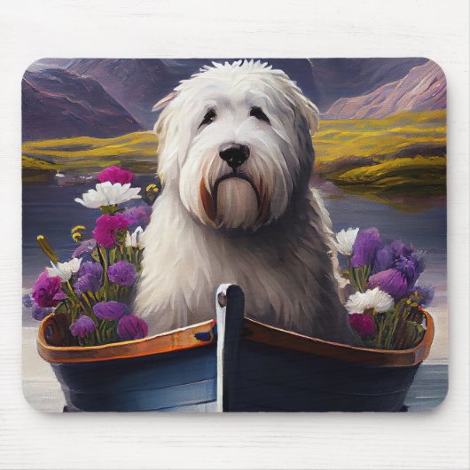 Oud Engels Sheepdog op Paddle: een Schilderachtig  Muismat (Voorkant)