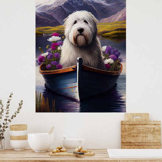Oud Engels Sheepdog op Paddle: een Schilderachtig  Poster (Keuken)