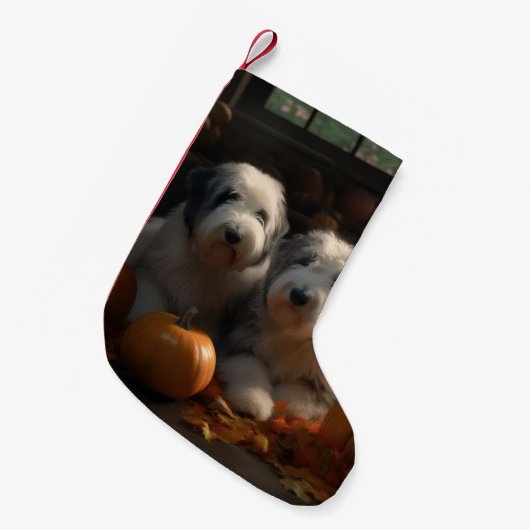 Oud Engels Sheepdog Puppy Herfst Delight Pompoen Kleine Kerstsok (Voorkant (Hangend))