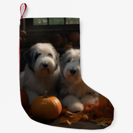 Oud Engels Sheepdog Puppy Herfst Delight Pompoen Kleine Kerstsok (Voorkant)