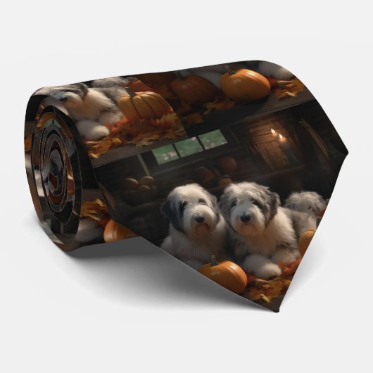 Oud Engels Sheepdog Puppy Herfst Delight Pompoen Stropdas (Opgerold)
