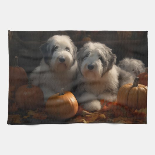 Oud Engels Sheepdog Puppy Herfst Delight Pompoen Theedoek (Horizontaal)