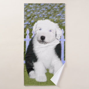 Oud Engels Sheepdog Puppy Painting - Dog Art Bad Handdoek