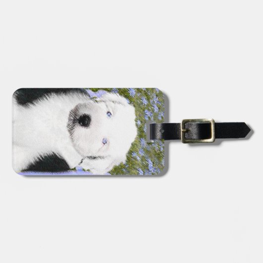 Oud Engels Sheepdog Puppy Painting - Dog Art Bagagelabel (Voorkant horizontaal)