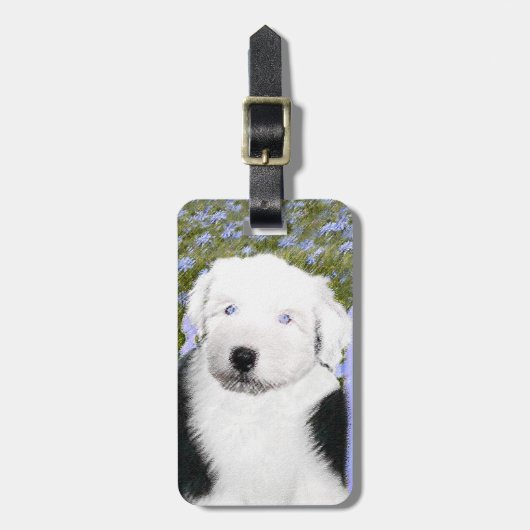 Oud Engels Sheepdog Puppy Painting - Dog Art Bagagelabel (Voorkant verticaal)