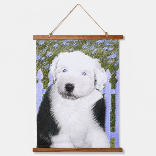 Oud Engels Sheepdog Puppy Painting - Dog Art Hangend Wandkleed (Voorkant)