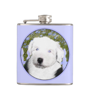 Oud Engels Sheepdog Puppy Painting - Dog Art Heupfles