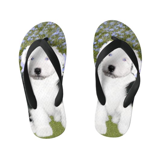 Oud Engels Sheepdog Puppy Painting - Dog Art Kinder Teenslippers (Voetbed)