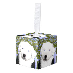 Oud Engels Sheepdog Puppy Painting - Dog Art Kubus Ornament