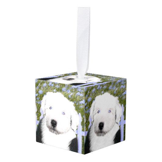 Oud Engels Sheepdog Puppy Painting - Dog Art Kubus Ornament (Voorkant hoekig)