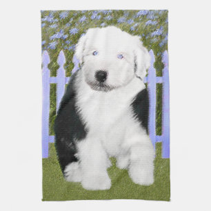 Oud Engels Sheepdog Puppy Painting - Dog Art Theedoek
