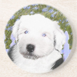Oud Engels Sheepdog Puppy Painting - Dog Art Zandsteen Onderzetter