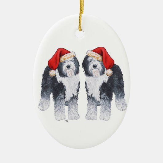Oud Engels Sheepdog Santa Hat Keramisch Ornament (Voorkant)