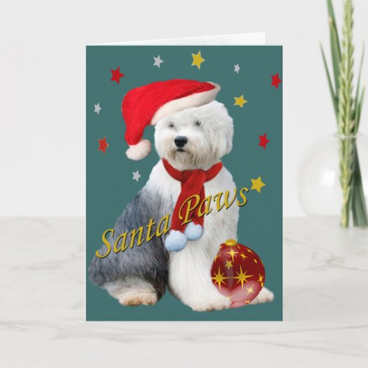 Oud Engels Sheepdog Santa Paws Feestdagen Kaart (Voorkant)