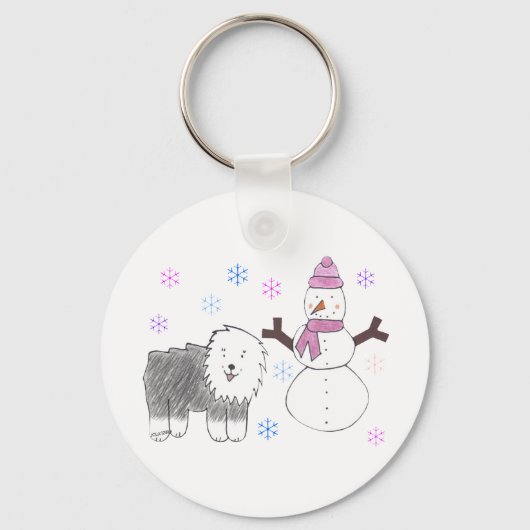 Oud Engels Sheepdog & Snowman Sleutelhanger (Voorkant)