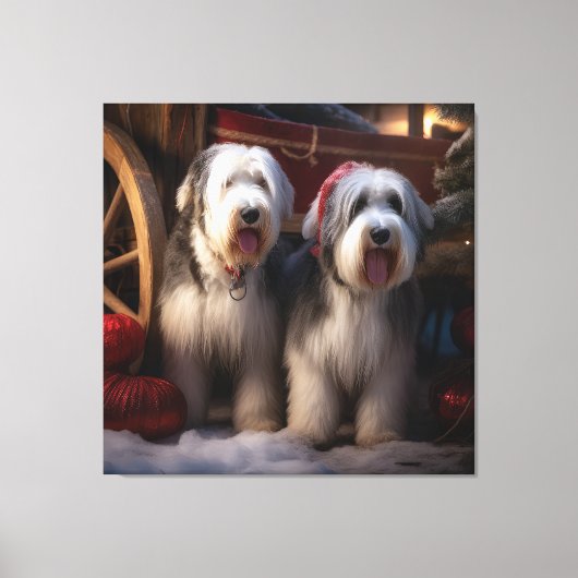 Oud Engels Sheepdog Snowy Sleigh Kerst Decor Canvas Afdruk (Voorkant)