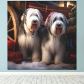 Oud Engels Sheepdog Snowy Sleigh Kerst Decor Canvas Afdruk (Insitu (Houten vloer))