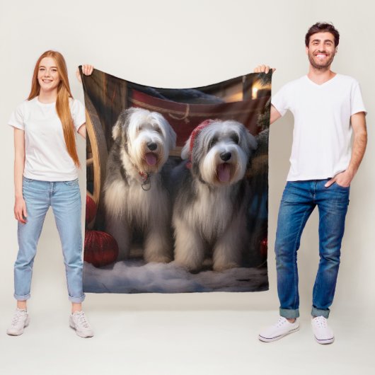 Oud Engels Sheepdog Snowy Sleigh Kerst Decor Fleece Deken (In situ)