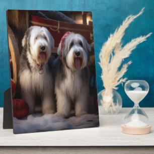 Oud Engels Sheepdog Snowy Sleigh Kerst Decor Fotoplaat