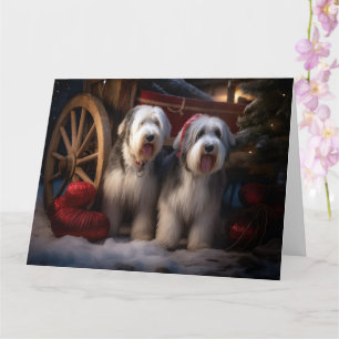 Oud Engels Sheepdog Snowy Sleigh Kerst Decor Kaart