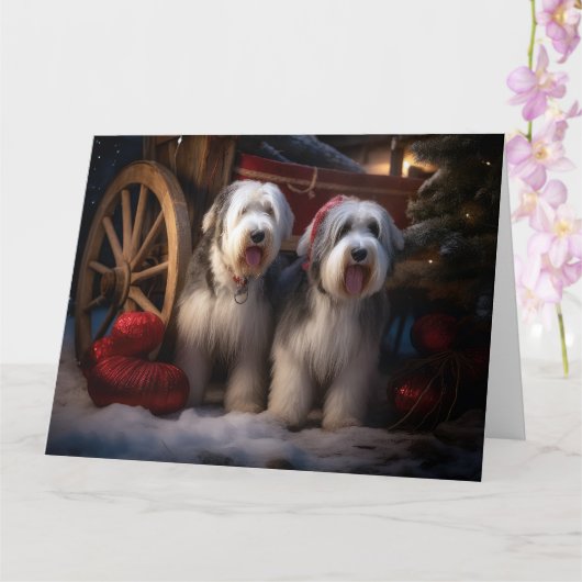 Oud Engels Sheepdog Snowy Sleigh Kerst Decor Kaart (Orchidee)
