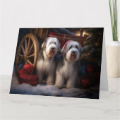 Oud Engels Sheepdog Snowy Sleigh Kerst Decor Kaart (Voorkant)