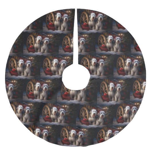 Oud Engels Sheepdog Snowy Sleigh Kerst Decor Kerstboom Rok (Voorkant)