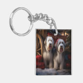 Oud Engels Sheepdog Snowy Sleigh Kerst Decor Sleutelhanger (Voorkant Links)