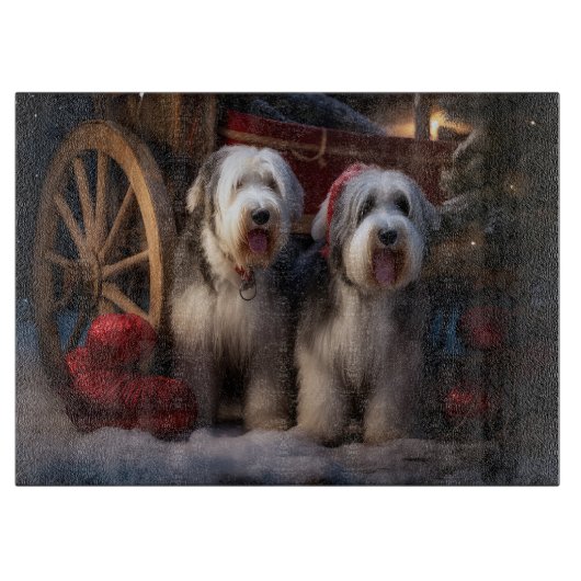 Oud Engels Sheepdog Snowy Sleigh Kerst Decor Snijplank (Voorkant)