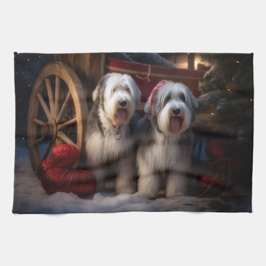 Oud Engels Sheepdog Snowy Sleigh Kerst Decor Theedoek (Horizontaal)
