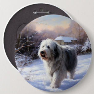 Oud-Engelse herdershond Laat het sneeuwen Kerstmis Ronde Button 6,0 Cm