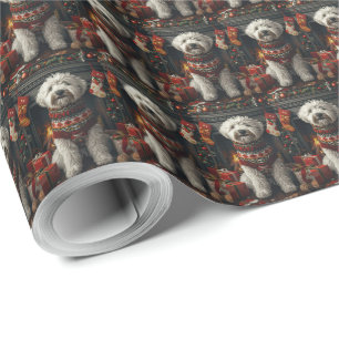 Oud-Engelse Herdershond Met Kerstcadeau Haard Cadeaupapier