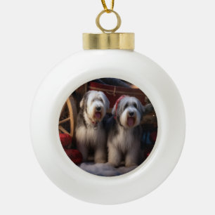 Oud-Engelse Herdershond Sneeuw Slede Kerst Decorat Keramische Bal Ornament