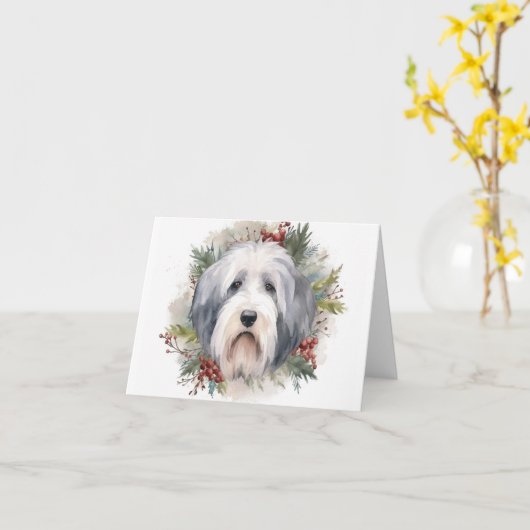 Oud-Engelse Schaapshond Kerstkrans Feestelijke Pup Kaart (Gele Bloem)