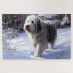 Oud-Engelse Schaapshond Laat het Sneeuwen Kerstmis Legpuzzel