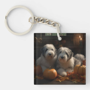 Oud-Engelse Schaapshond Puppy Herfst Plezier Pompo Sleutelhanger