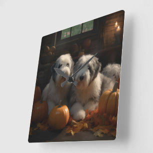 Oud-Engelse Schaapshond Puppy Herfst Plezier Pompo Vierkante Klok