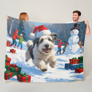 Oud-Engelse Schaapshond Rent in Sneeuw Kerstmuts Fleece Deken
