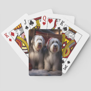 Oud-Engelse Schaapshond Sneeuwige slee Kerst Decor Pokerkaarten