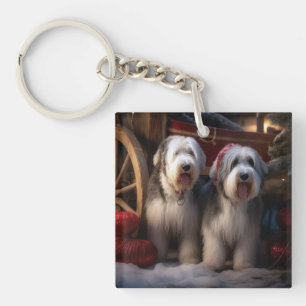 Oud-Engelse Schaapshond Sneeuwige slee Kerst Decor Sleutelhanger