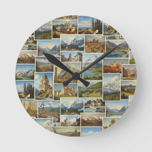 Oud-Europese Ansichtkaart Collage Patroon Ronde Klok