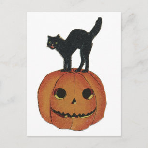 Oud Fashioned Halloween Jack-O-Lantern & Black Cat Briefkaart
