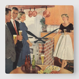 Oud feest in de keuken, bier en hapjes vierkante klok