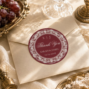 Oud Geld Bruiloft Burgundy Witte Kant Bedankt Ronde Sticker